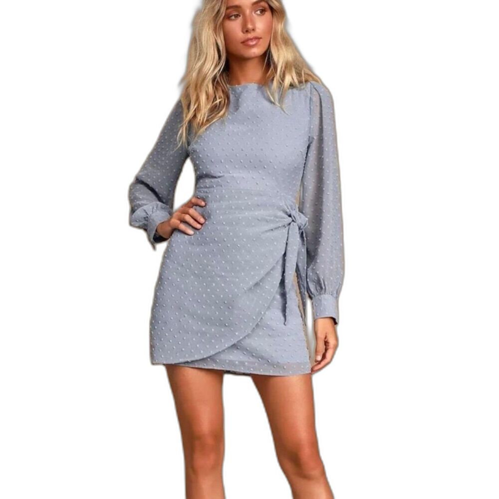 Lulus | "Much Love" Light Blue Swiss Dot Long Sleeve Tunic Mini Dress Size Small